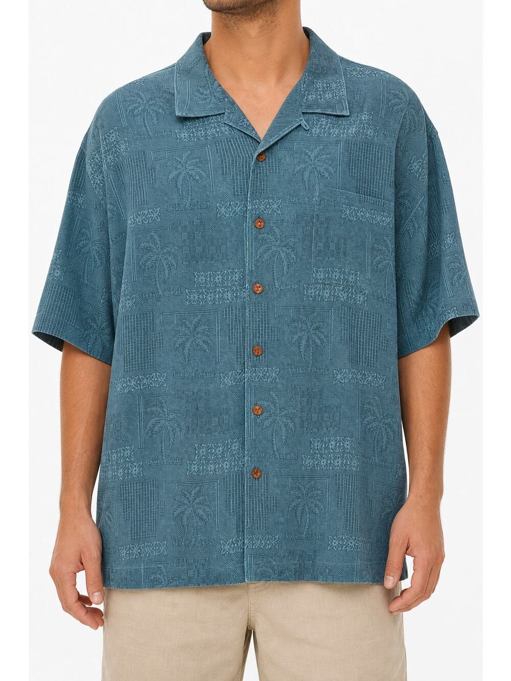 Jamaica Jaxx Mens 100% Silk Jacquard Camp Shirt Teal XXL Vacation Resortwear